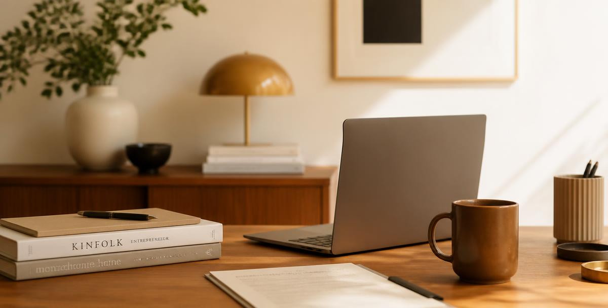 Escritório moderno e organizado com laptop, xícara de café e documentos em luz natural